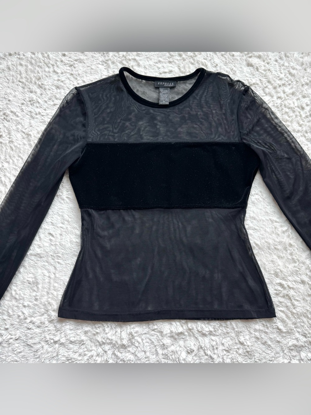 Express 90s Mesh Velvet Long Sleeve Top M Black Sheer Grunge Goth Indie Sleaze